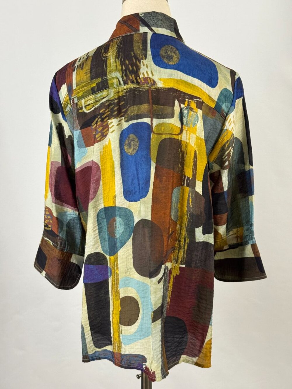 Ali Miles Abstract Geometric Button Down Tunic Top Artsy Art to Wear Earth Tones - Picture 7 of 10
